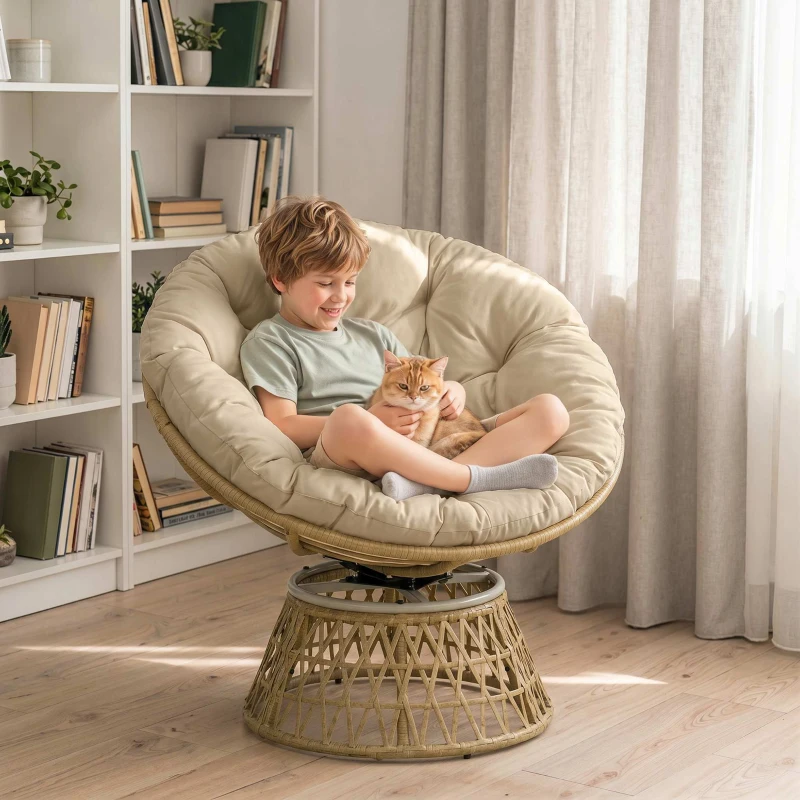 Outsunny Sillón Papasan Giratorio de Ratán Sintético con Cojín Carga 120 kg para Exterior Jardín Terraza 85x70x82 cm Amarillo