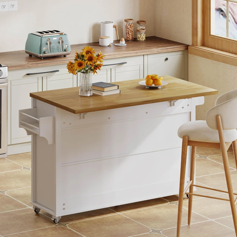 Ilha de cozinha com bancada rebatível, 4 portas, 3 gavetas, suportes duplos para toalhas, design estilo celeiro, 140x43/70x90,5 cm, Branco+Cor natural