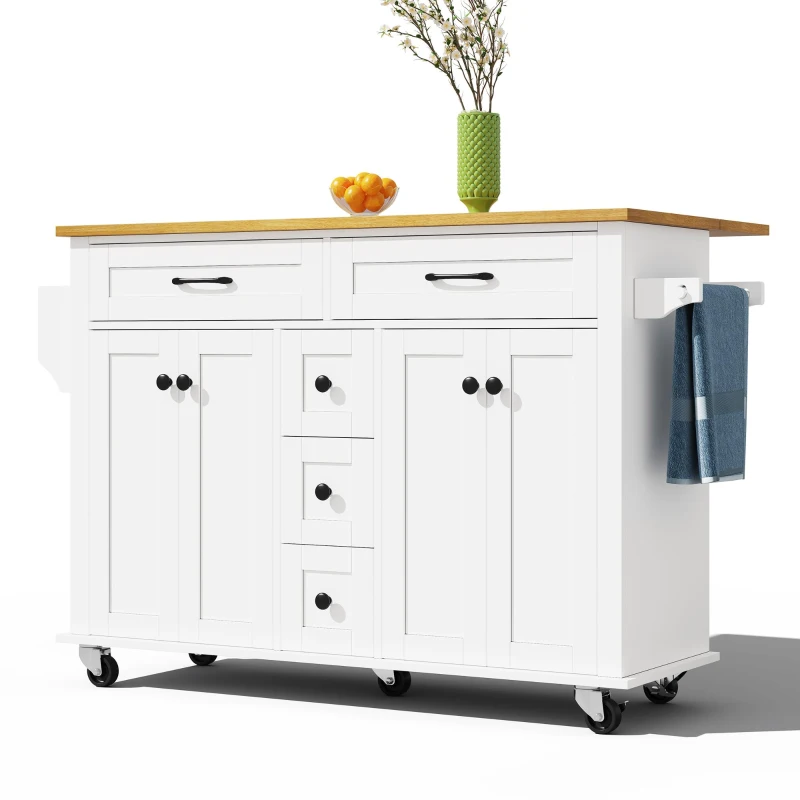 Carrinho de cozinha multifuncional com tampo de trabalho dobrável, 140x40/65x89 cm, Branco+Cor natural