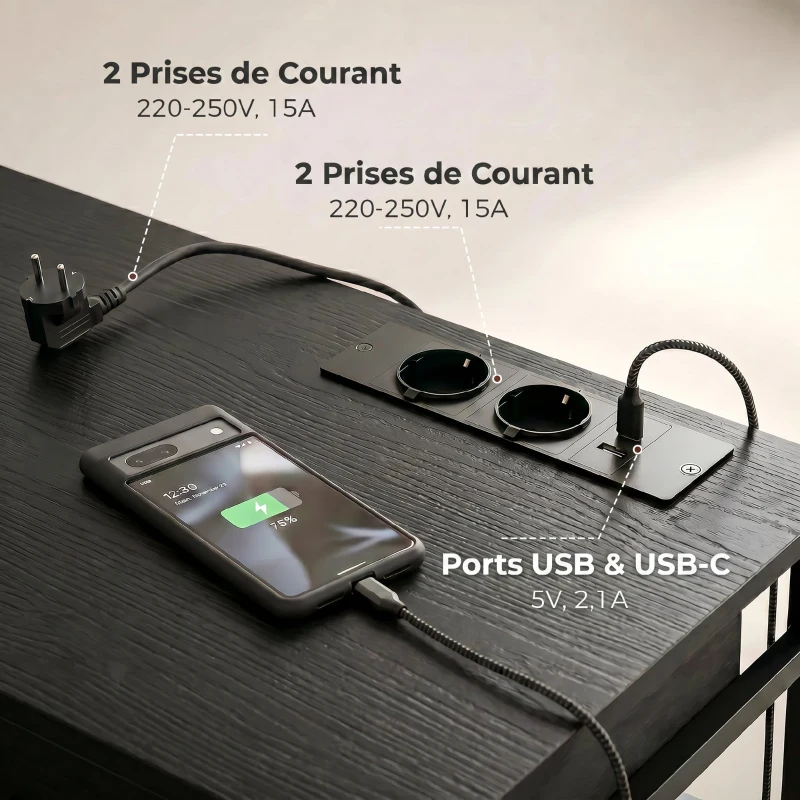 HOMCOM Bureau avec rangement avec prises de courant, 3 tiroirs en tissu et 4 étagères de rangement, 120 x 40 x 76 cm, noir