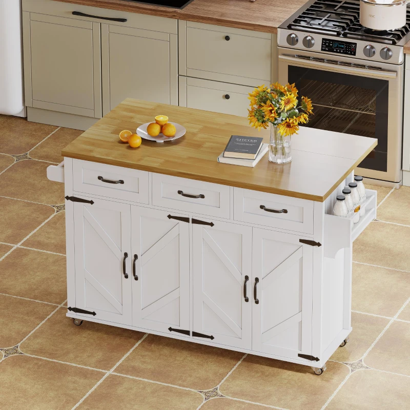 Ilha de cozinha com bancada rebatível, 4 portas, 3 gavetas, suportes duplos para toalhas, design estilo celeiro, 140x43/70x90,5 cm, Branco+Cor natural