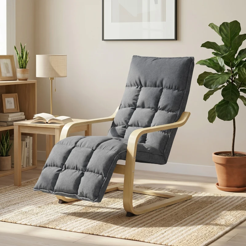 HOMCOM Butaca de Salón Tapizada en Lino con Reposapiés con Balanceo Suave Respaldo Alto Asiento Amplio Gris