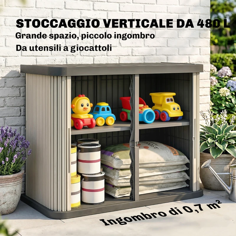 Outsunny Cassone da esterno 480 L con porte scorrevoli, 120,5x59,5x92 cm, Marrone chiaro