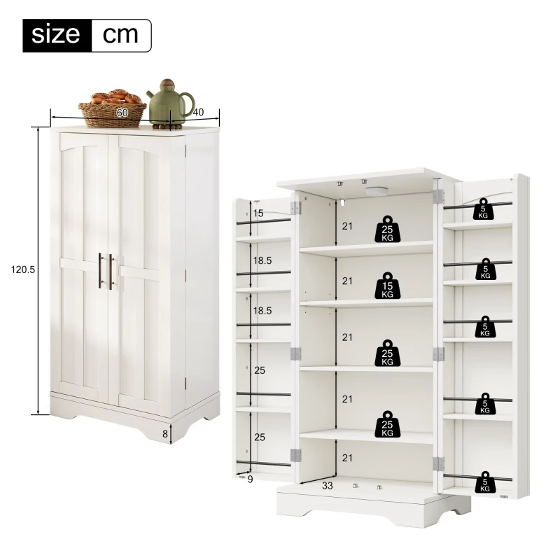 Armário de cozinha com luz LED com sensor, grande armário de arrumação de 2 portas com prateleiras ajustáveis & prateleiras na porta, 60×40×120 cm, Branco