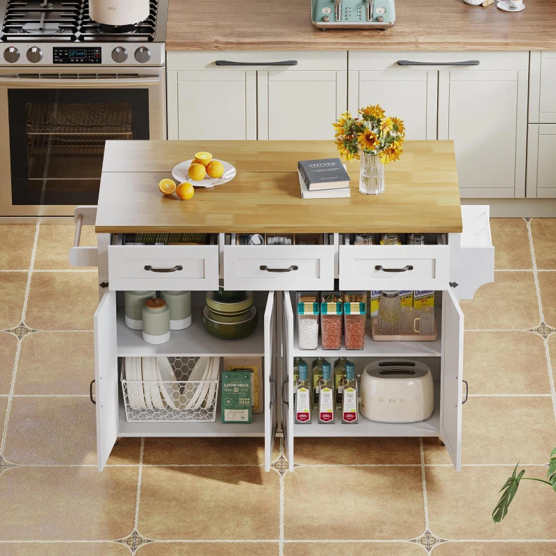 Ilha de cozinha com bancada rebatível, 4 portas, 3 gavetas, suportes duplos para toalhas, design estilo celeiro, 140x43/70x90,5 cm, Branco+Cor natural