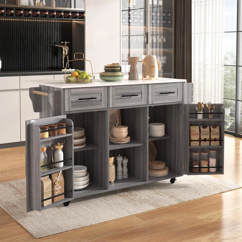 Grande ilha de cozinha com 3 gavetas, portas de arrumação, prateleiras ajustáveis e suporte para toalhas, 139x46/71x91,5 cm, Cinzento