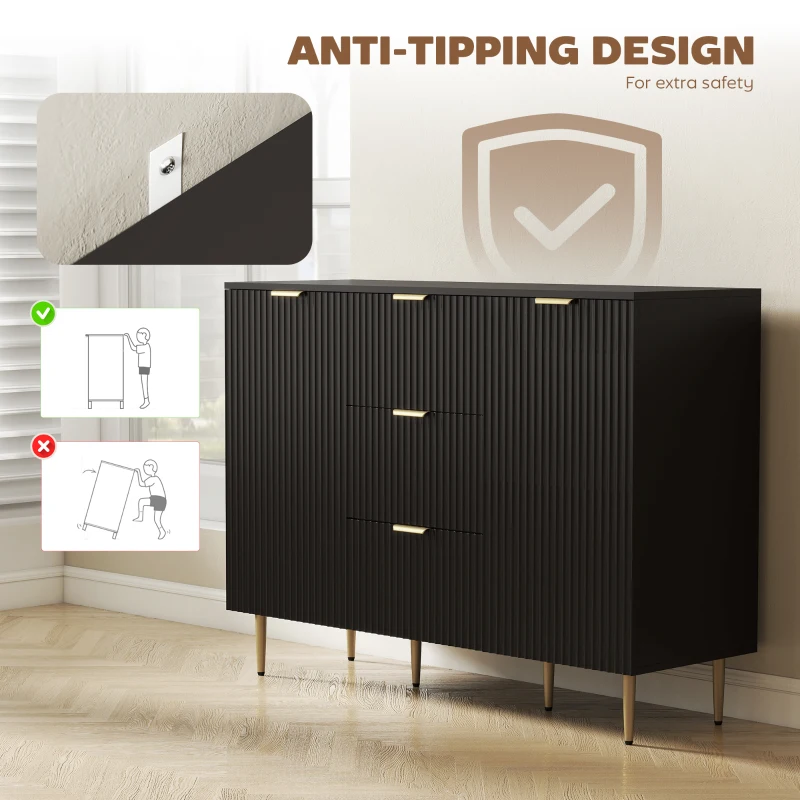HOMCOM Buffet meuble cuisine rangement avec 3 tiroirs, étagères réglables, placards à portes cannelées, 120 x 40 x 90 cm, noir