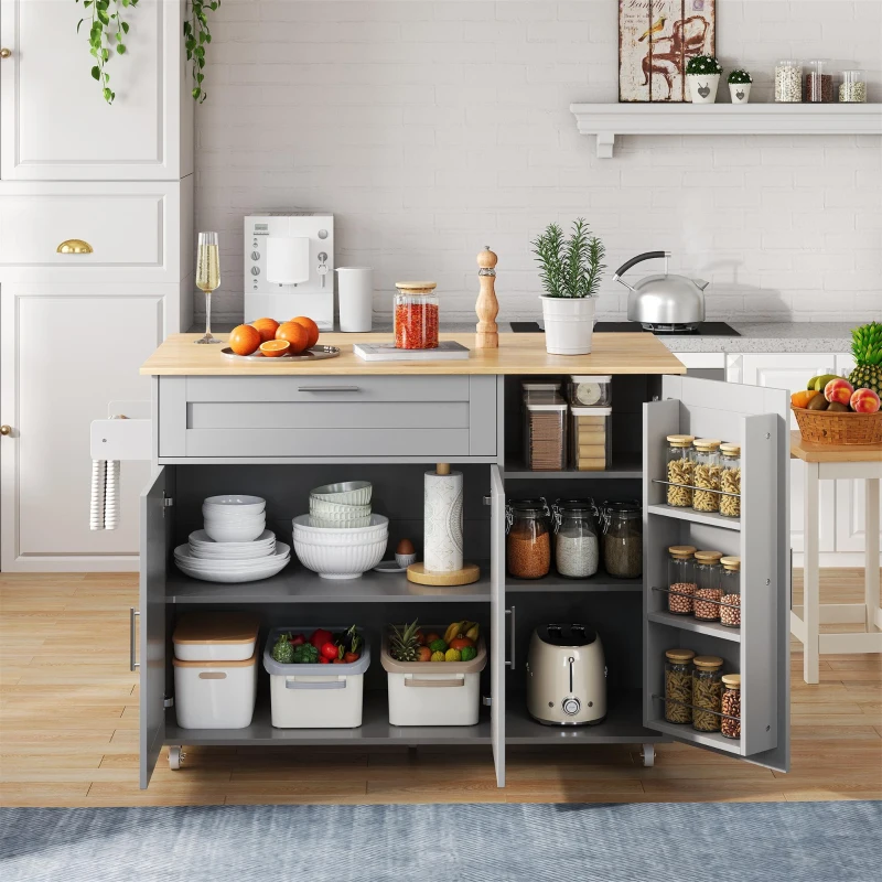Mesa de cozinha móvel com tampo de trabalho dobrável, gaveta, prateleira para especiarias, suporte para toalhas, 132,5x44/70x90 cm, Cinzento