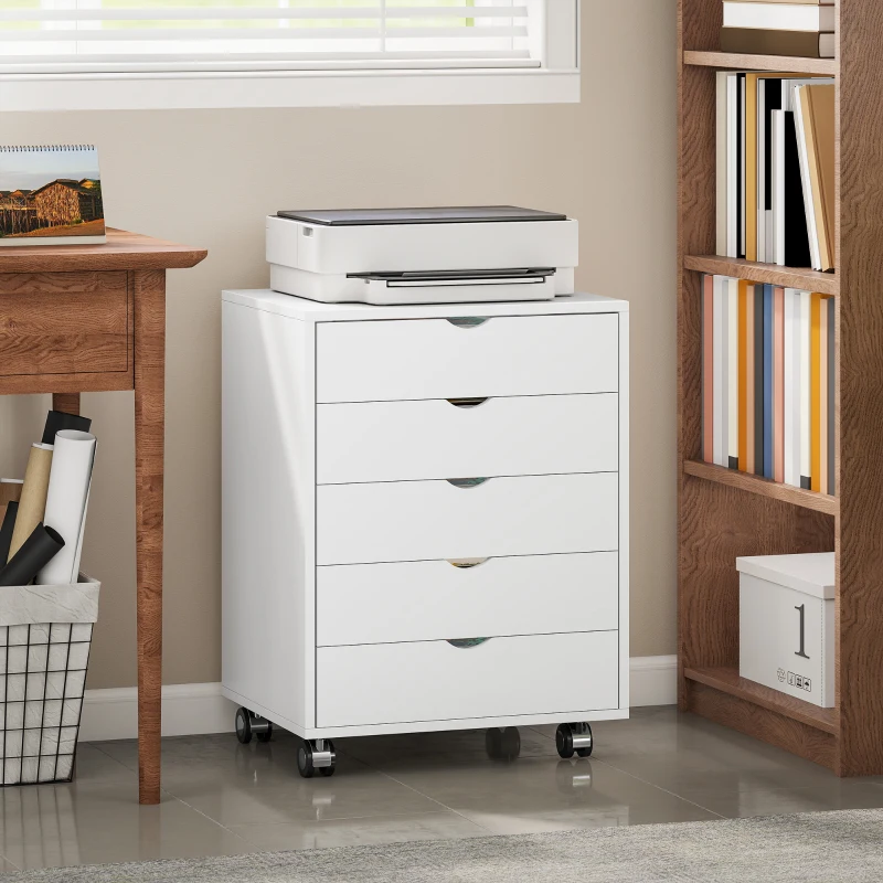 HOMCOM Caisson bureau mobile avec 5 tiroirs, meuble rangement bureau à roulettes pour documents A3/Lettre/A4, blanc