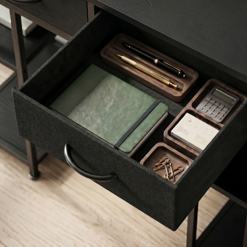 HOMCOM Bureau avec rangement avec prises de courant, 3 tiroirs en tissu et 4 étagères de rangement, 120 x 40 x 76 cm, noir