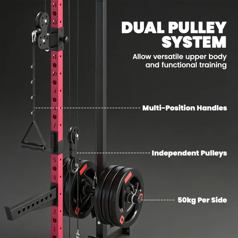 SPORTNOW Station de Musculation Pliable 700 kg Hauteurs Réglables avec Poulies Doubles, Supports de Barre, 184x123x209cm, Rouge