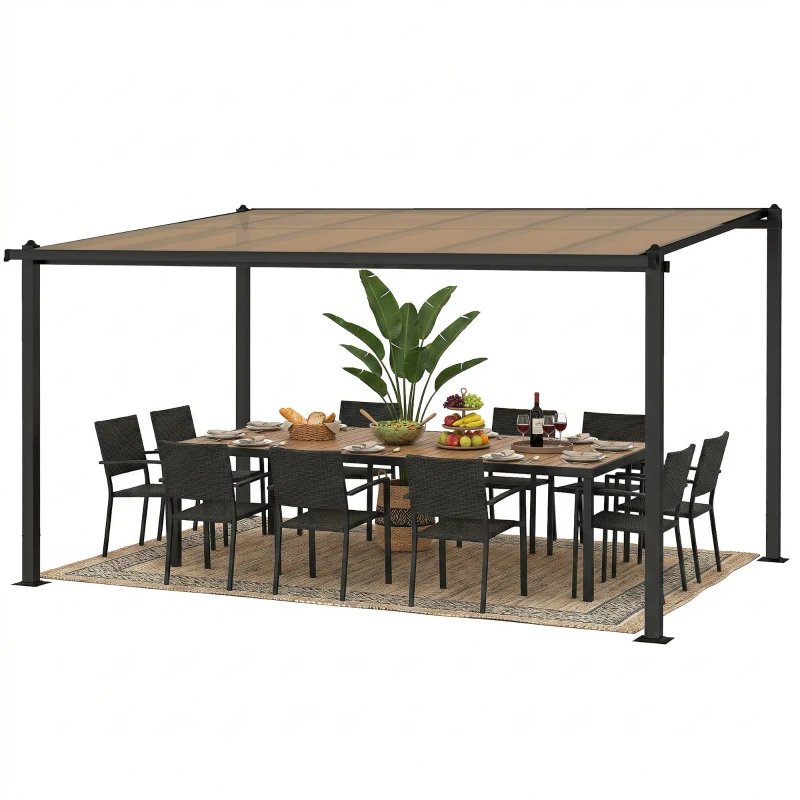 Outsunny Pergola adossée 3,8 x 3 m avec toit en polycarbonate, structure rigide en aluminium avec gouttières intégrées, gris foncé