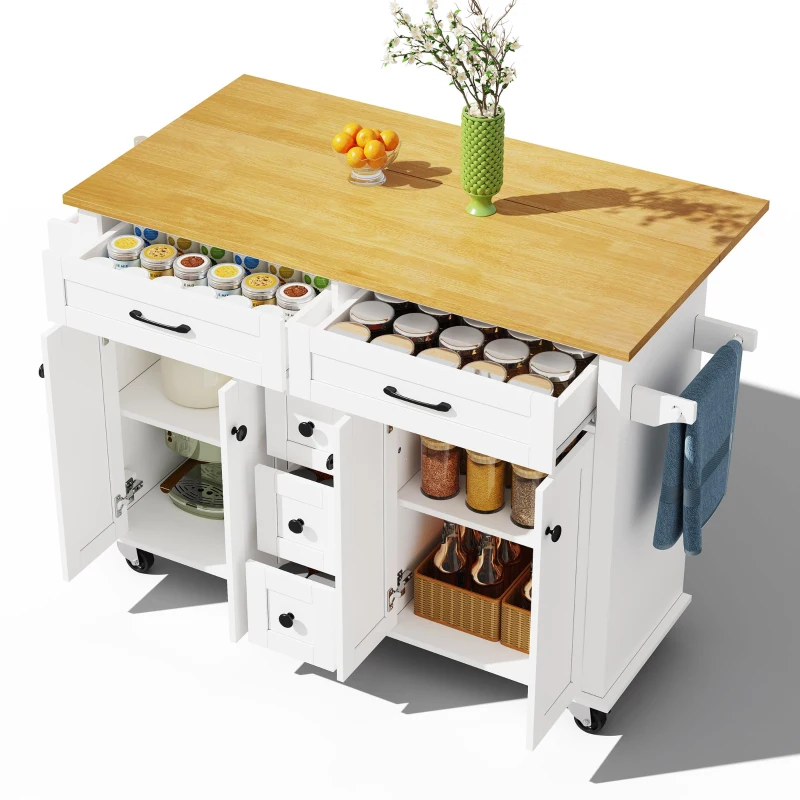 Carrinho de cozinha multifuncional com tampo de trabalho dobrável, 140x40/65x89 cm, Branco+Cor natural