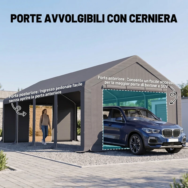 Outsunny Garage Auto per Esterno con Porte a Cerniera e Pannelli Removibili 8x4 m, Grigio Scuro