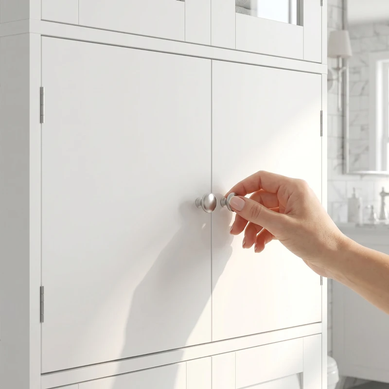 HOMCOM Meuble de salle de bain haut, meuble de rangement avec 6 portes dont 2 vitrées et 2 persiennes, étagère réglable, blanc