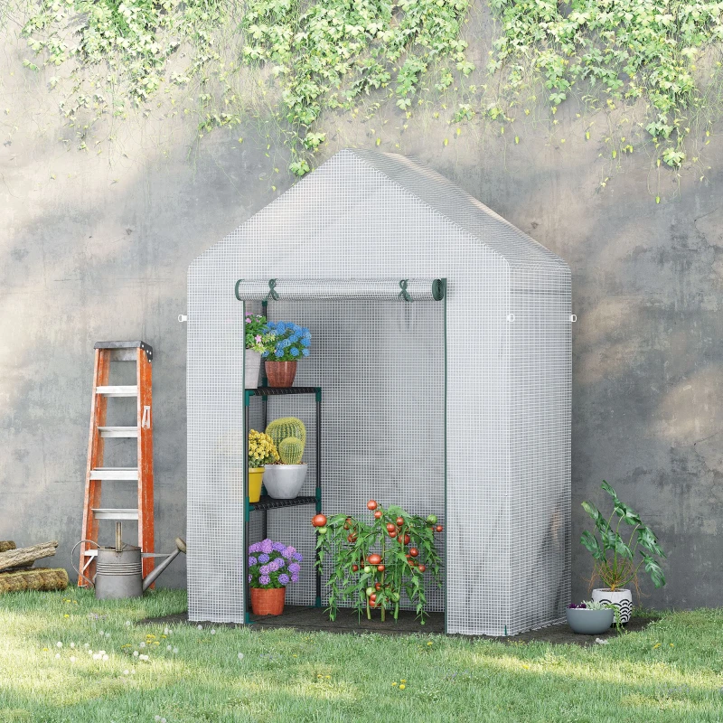 Outsunny Invernadero de Exterior Invernadero Pequeño con 2 Estantes Puerta Enrollable con Cremallera Marco de Acero y Cubierta de PE 140g/㎡ para Cultivos Plantas Flores 143x73x195 cm Blanco