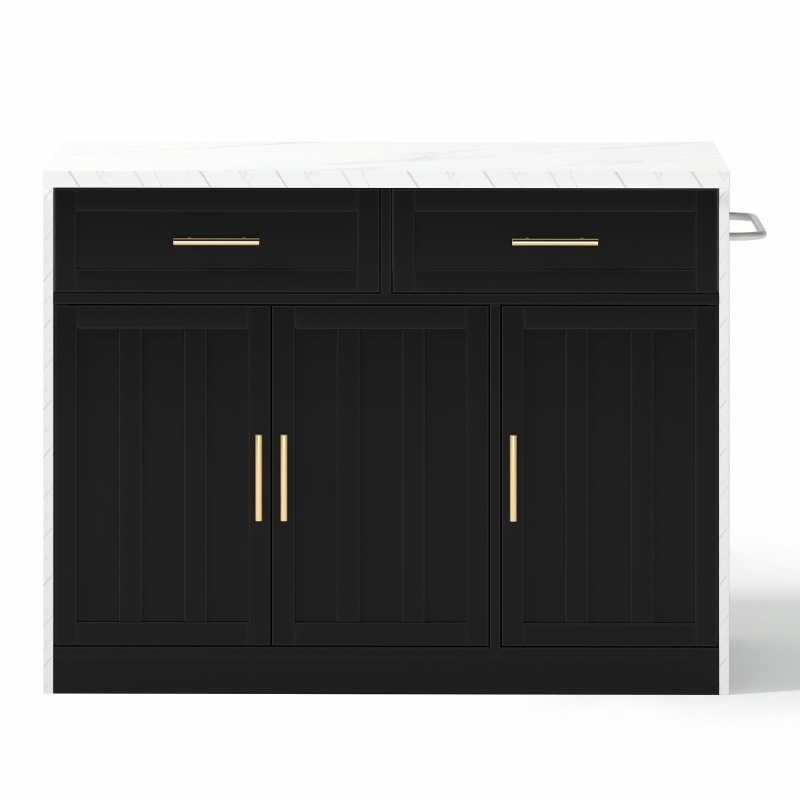 Ilha de cozinha com balcão de bar, com 2 gavetas e 3 portas, puxadores metálicos, suporte para toalhas, 120x60x91 cm, Preto