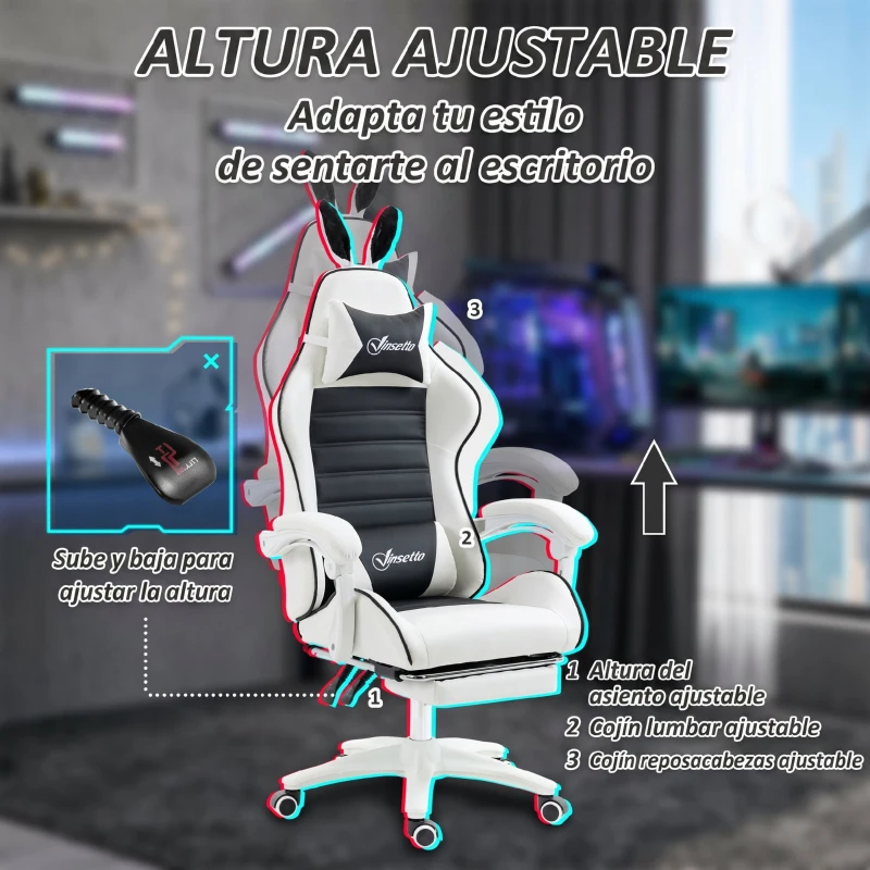 Vinsetto Silla Gaming Profesional de Cuero PU con Altura Ajustable Inclinable 135° Reposacabezas 65x63x136-142 cm Negro y Blanco