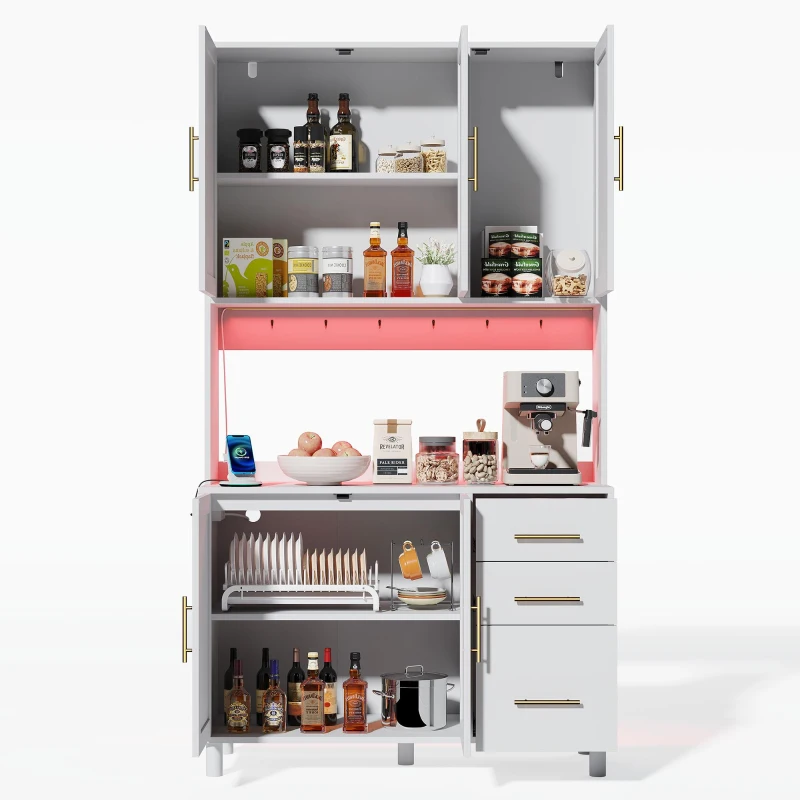 Móvel de cozinha com acabamento em rattan trançado e puxadores metálicos dourados, luzes LED decorativas, 100x40x183 cm, Branco