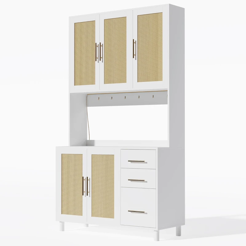 Móvel de cozinha com acabamento em rattan trançado e puxadores metálicos dourados, luzes LED decorativas, 100x40x183 cm, Branco