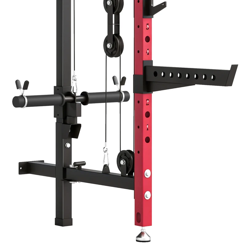 SPORTNOW Station de Musculation Pliable 700 kg Hauteurs Réglables avec Poulies Doubles, Supports de Barre, 184x123x209cm, Rouge