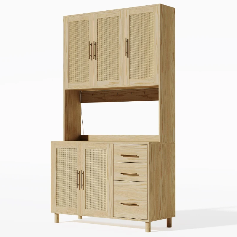 Móvel de cozinha com acabamento em rattan trançado e puxadores metálicos dourados, luzes LED decorativas, 100x40x183 cm, Cor natural