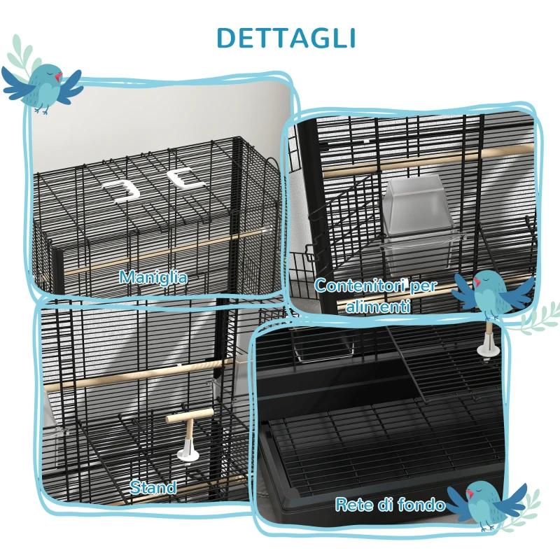PawHut Gabbia per Uccelli con Vassoio Estraibile e Posatoi, Voliera per Pappagalli, 61x36.5x98cm, Nero