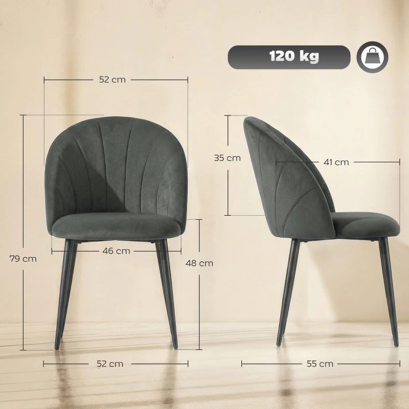 HOMCOM Set 2 Sedie da Pranzo Imbottite con Schienale a Conchiglia in Velluto, 52x55x79 cm, Grigio