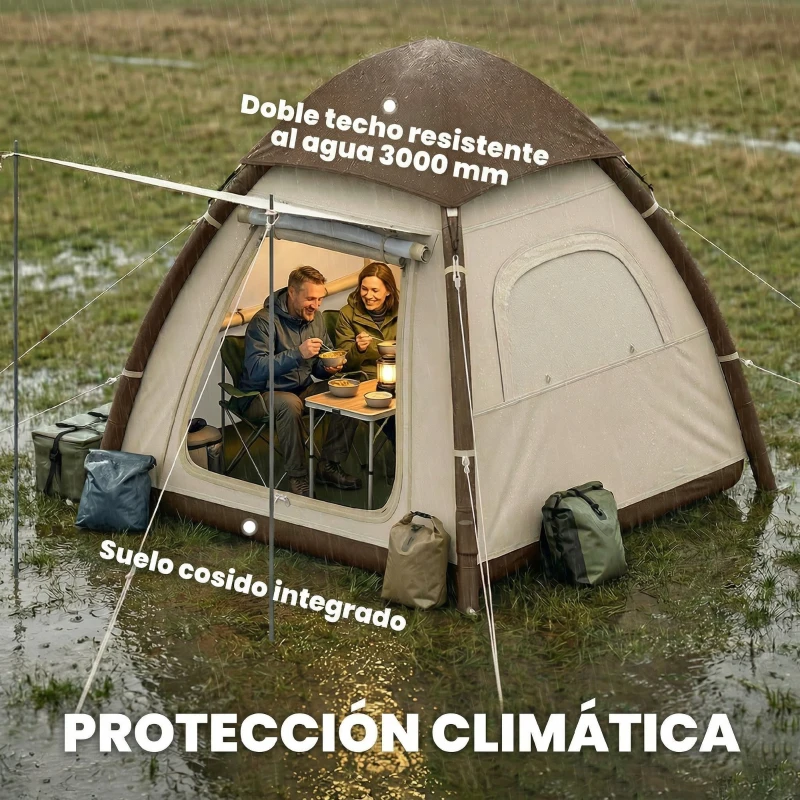 Outsunny Tienda de Campaña Inflable con Mosquitera Vestíbulo Bomba para 3–4 Personas UPF30+ Bolsa Montaje Rápido Impermeable