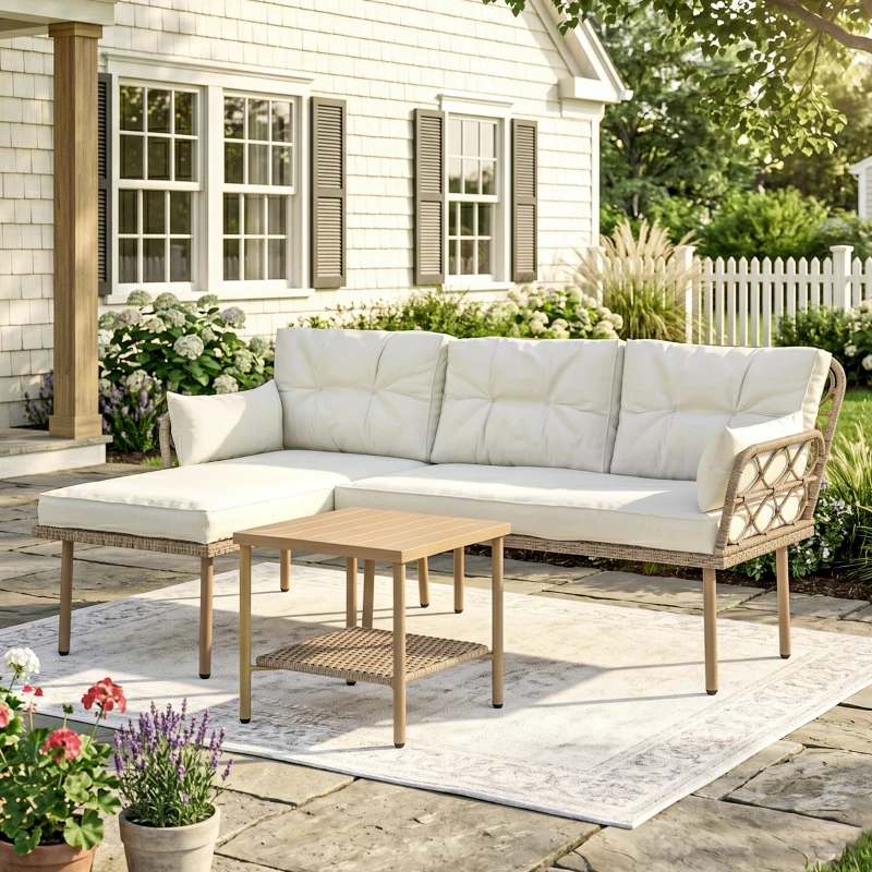 Outsunny Salon de jardin d'angle 4 pers. 3 pièces avec 1 table basse coussins grand confort inclus résine tressée crème