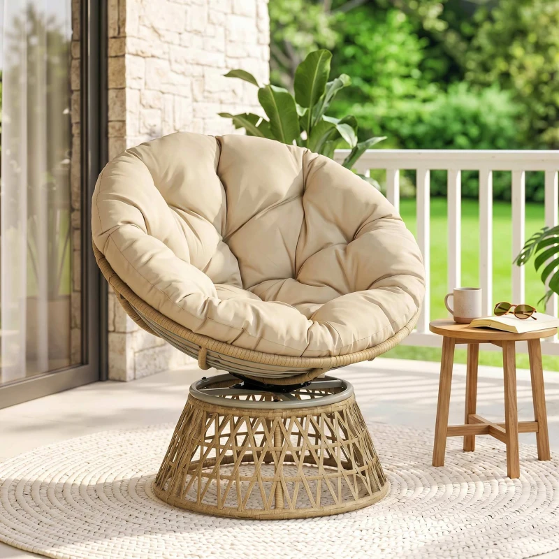 Outsunny Fauteuil papasan en rotin, fauteuil pivotant à 360° avec coussin rembourré, 85 x 70 x 82 cm, kaki