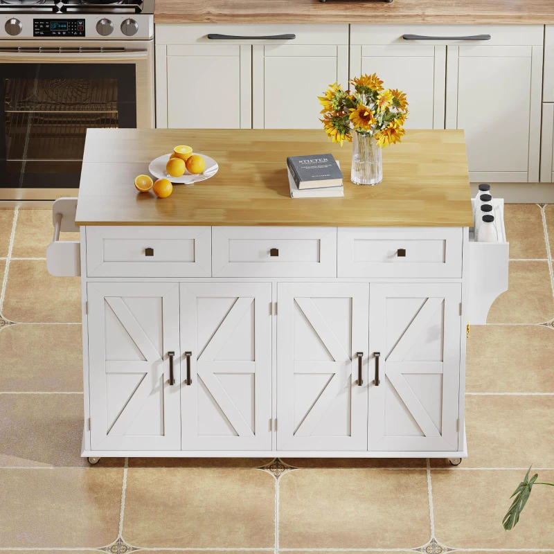 Ilha de cozinha com tampo rebatível, 4 portas, 3 gavetas, suportes duplos para toalhas, design estilo celeiro, 140x43/70x90,5 cm, Branco+Cor natural