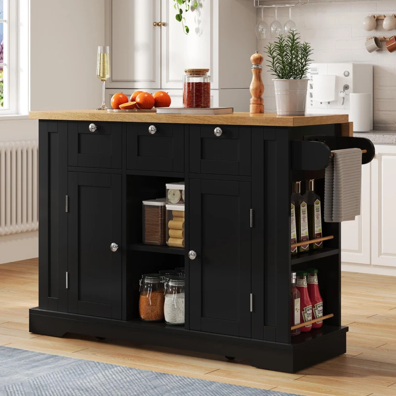 Ilha de cozinha móvel com tampo dobrável, três gavetas e dois compartimentos de armário, 132x40/70x87 cm, Preto