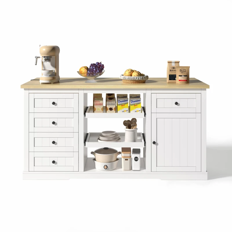Ilha de cozinha com tampo extensível dobrável, 5 gavetas e 2 prateleiras extraíveis, 150x45/65x75,5 cm, Branco