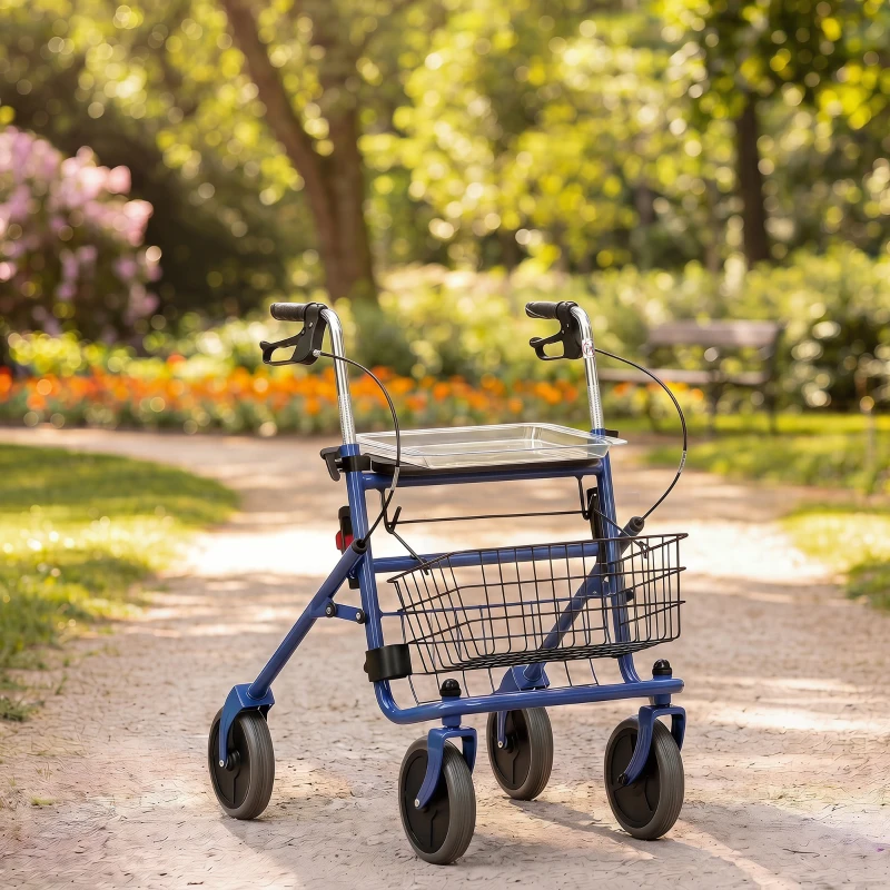 HOMCOM Déambulateur 4 roues pliable, rollator en acier inoxydable, siège rembourré en PU, poignée réglable, bleu