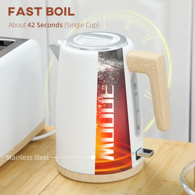 HOMCOM Wasserkocher und Toaster, 1,7 L, Edelstahl, 7 Bräunungsstufen, Aufwärmfunktion, Automatische Abschaltung, Weiß