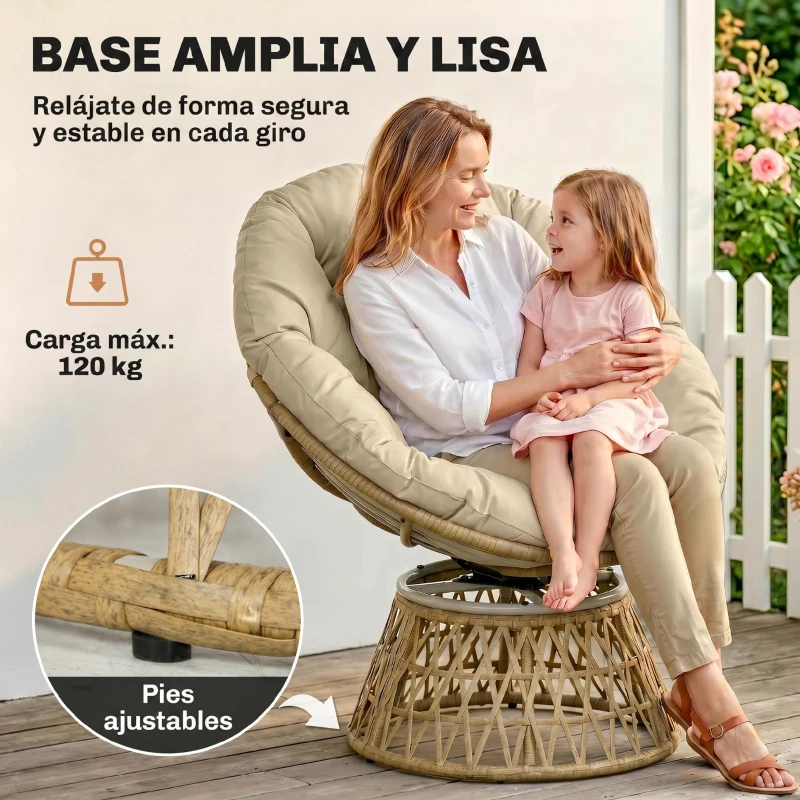 Outsunny Sillón Papasan Giratorio de Ratán Sintético con Cojín Carga 120 kg para Exterior Jardín Terraza 85x70x82 cm Amarillo