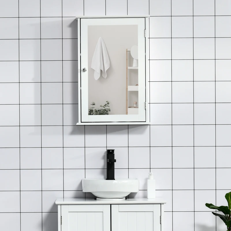kleankin Specchio Bagno Contenitore con Anta Magnetica, Mobile Bagno con Specchio, Ripiano Regolabile, Bianco