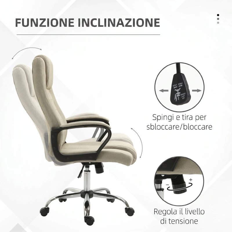 Vinsetto Sedia da Ufficio Ergonomica Inclinabile Girevole in Tessuto Effetto Lino con Poggiatesta, Beige