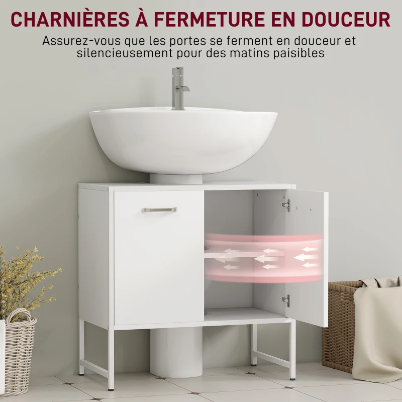 HOMCOM Meuble sous lavabo, meuble de salle de bain avec 2 portes à fermeture douce et étagère réglable, blanc