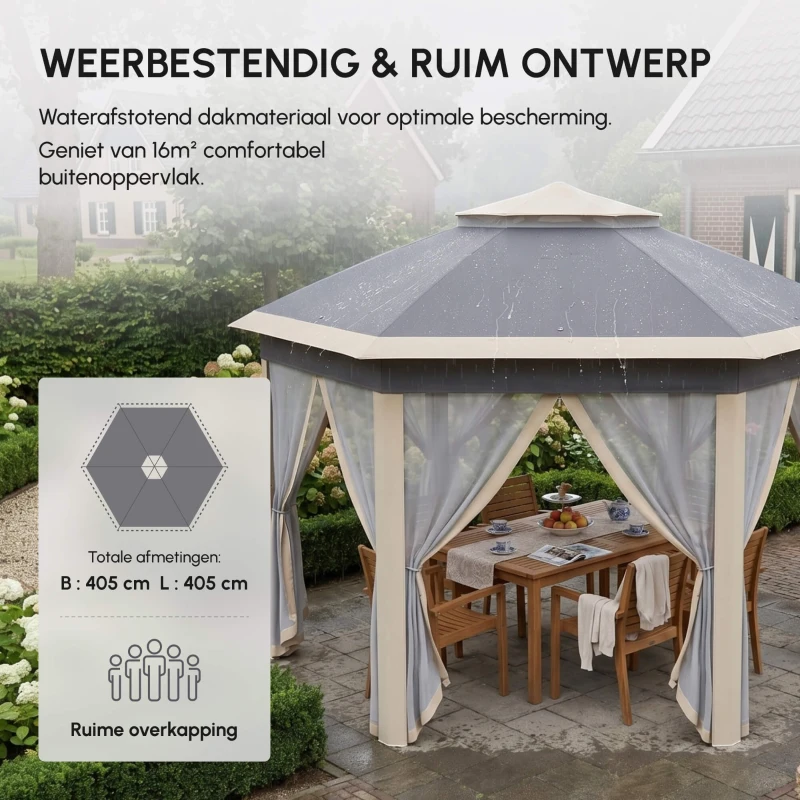 Outsunny Paviljoen 4x4 tuinpaviljoen zeshoekig opvouwbaar met draagtas dubbel dak beige+ kaki