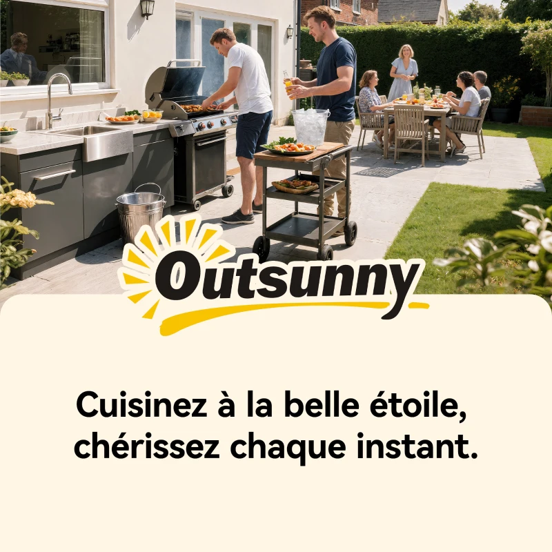Outsunny Desserte jardin chariot de barbecue sur roulettes avec crochets, poignées, roulettes verrouillables, 90,5x55x88 cm, noir