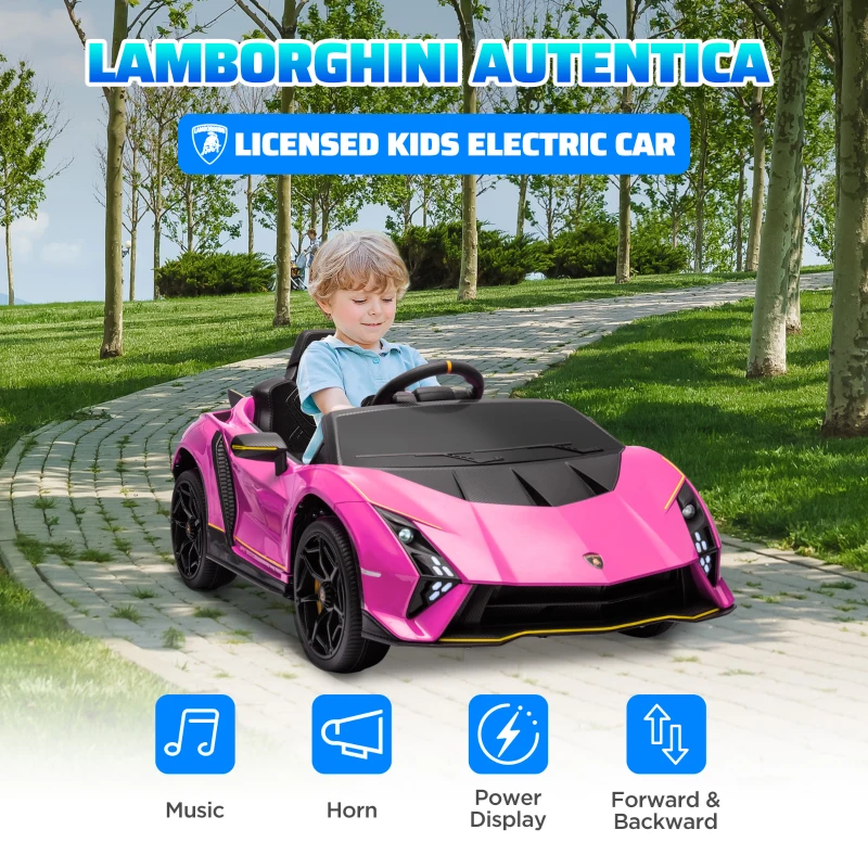 AIYAPLAY Macchina Elettrica Bambini 3-6 Anni 12V, Lamborghini Autentica con 2 Motori, Porta a Forbice e Sospensioni, Rosa