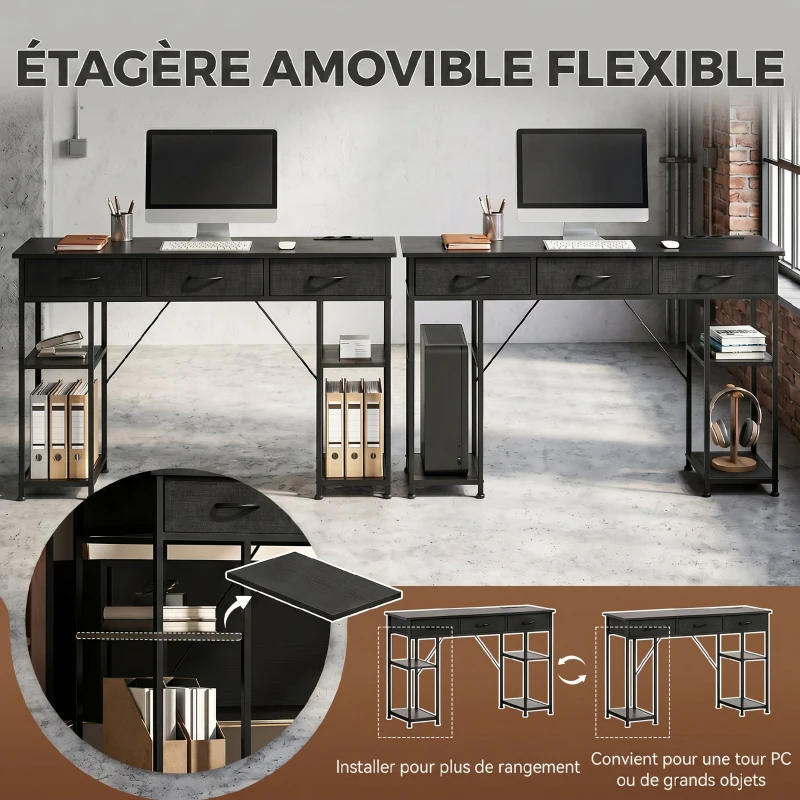 HOMCOM Bureau avec rangement avec prises de courant, 3 tiroirs en tissu et 4 étagères de rangement, 120 x 40 x 76 cm, noir