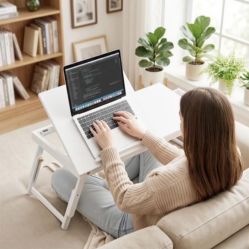 HOMCOM Masă de pat pliabilă și reglabilă, blat pentru laptop din bambus cu înclinare 83,5x33x34cm alb