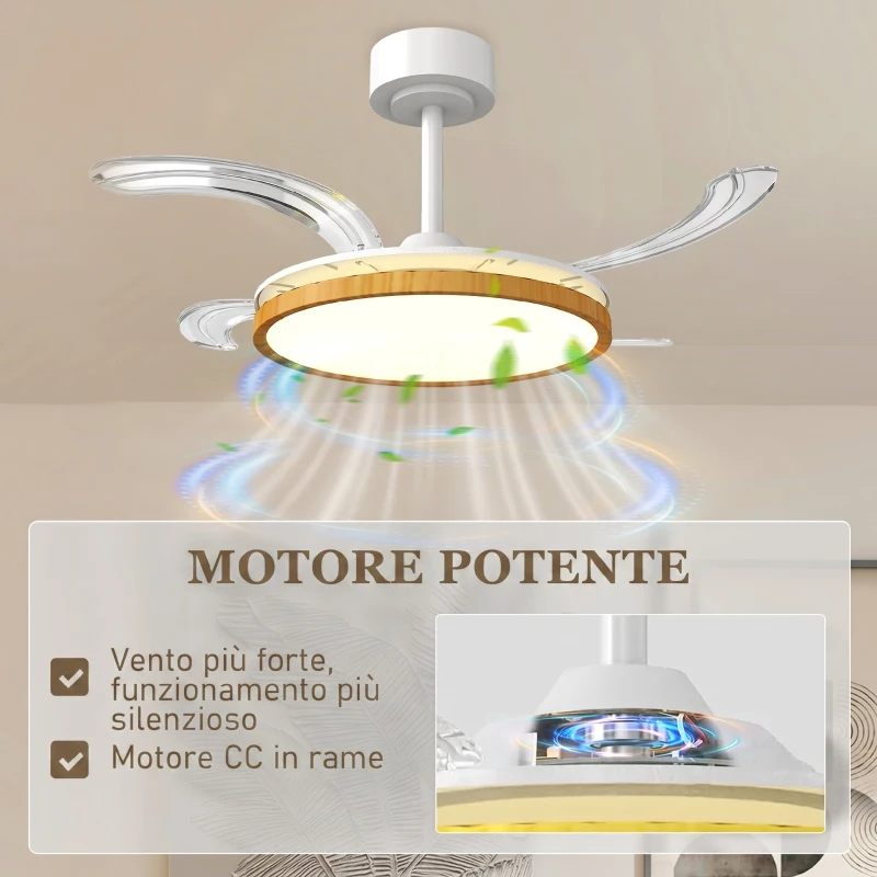 HOMCOM Ventilatore da soffitto con luce LED e telecomando, pale retrattili, 95 cm, Legno naturale