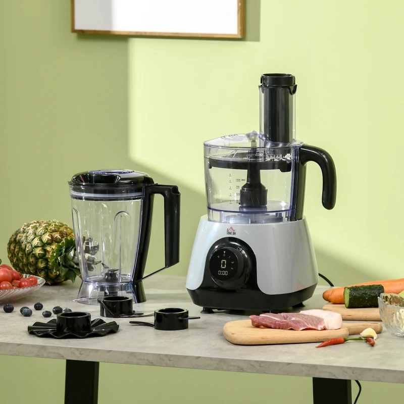 HOMCOM 650W Küchenmaschine mit 1L Rührschüssel 1,25L Mixer Multizerkleinerer 7-in-1 Funktion Schneiden, Zerkleinern, Verquirlen, Hacken, Mahlen, Mixen und Mischen 3 Geschwindigkeitsstufen Silber