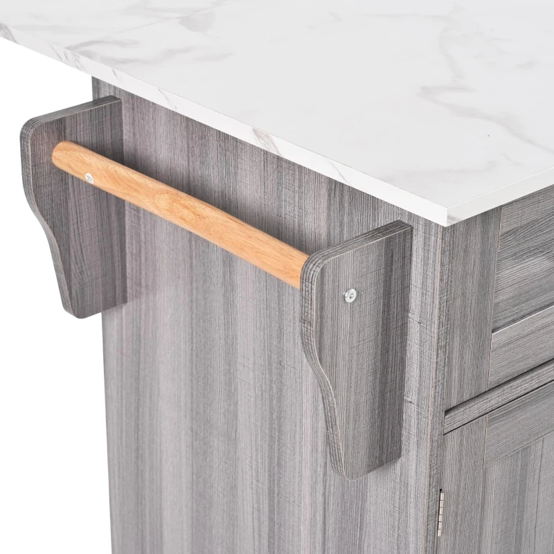 Grande ilha de cozinha com 3 gavetas, portas de arrumação, prateleiras ajustáveis e suporte para toalhas, 139x46/71x91,5 cm, Cinzento