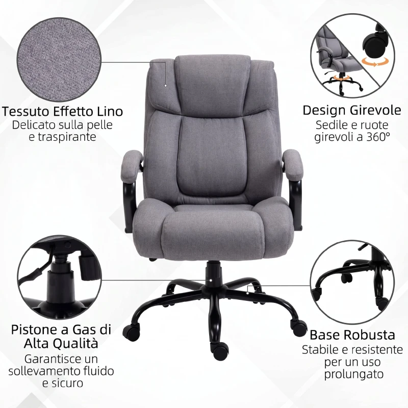 Vinsetto Sedia Ufficio Ergonomica in Tessuto Effetto Lino, Portata 220kg, Girevole, Altezza Regolabile, Grigio Chiaro