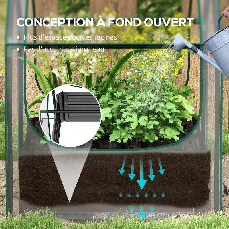 Outsunny Carré potager de jardin avec mini serre, jardinière surélevée en acier galvanisé, 70 x 70 x 90 cm, gris foncé